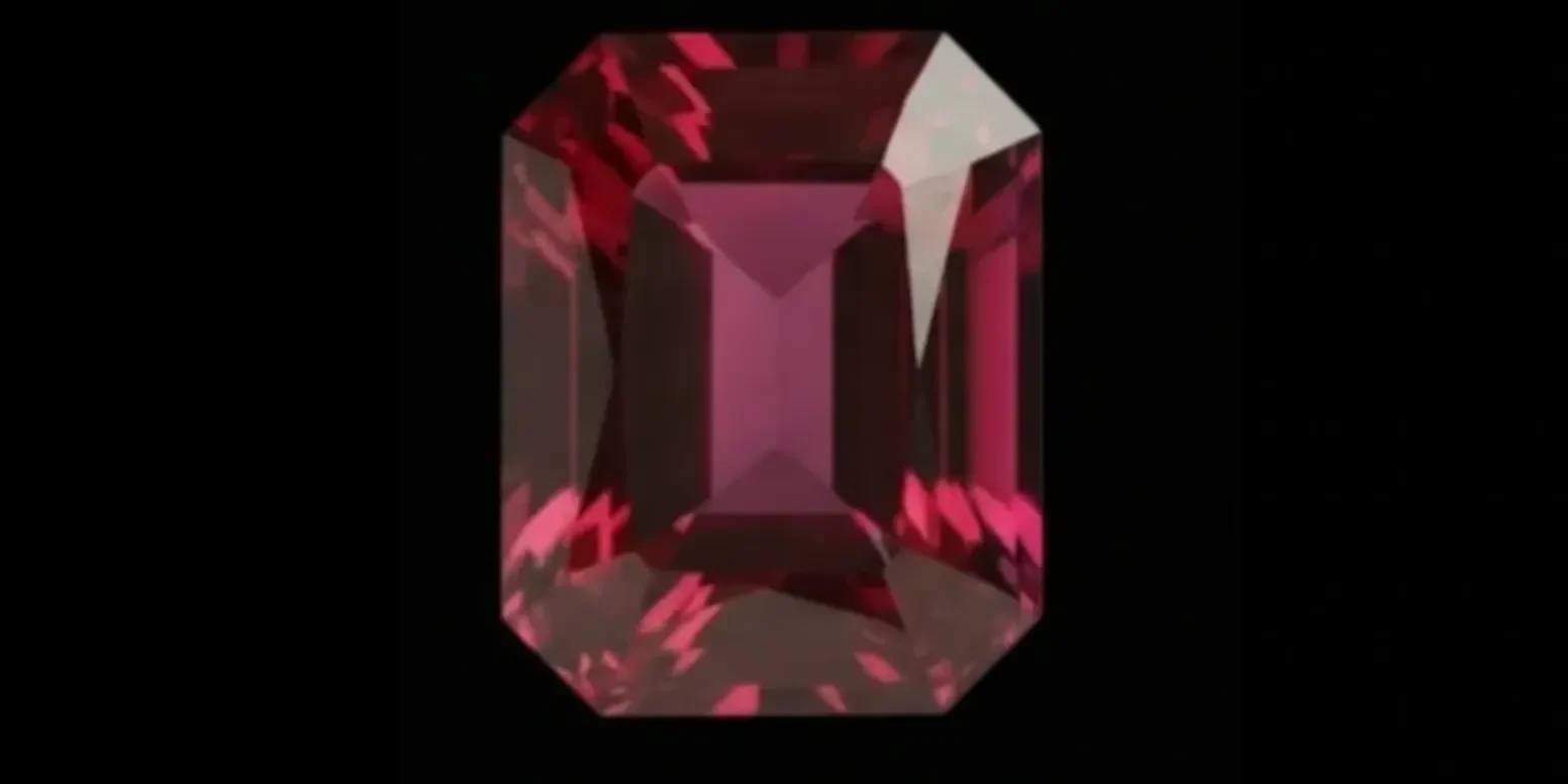 A radiant, emerald-cut red gemstone against a black background.