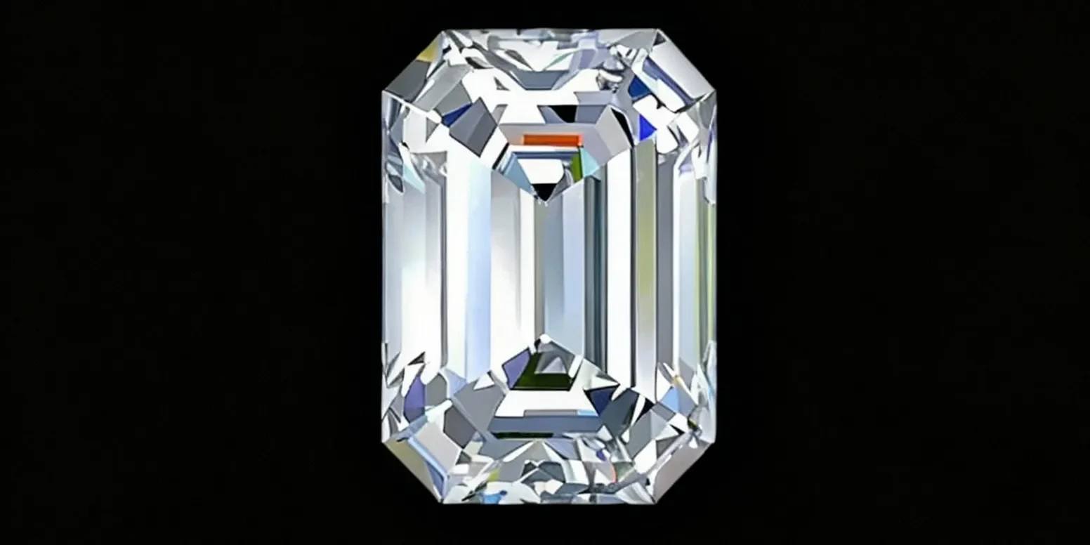 A sparkling emerald-cut diamond against a black background.