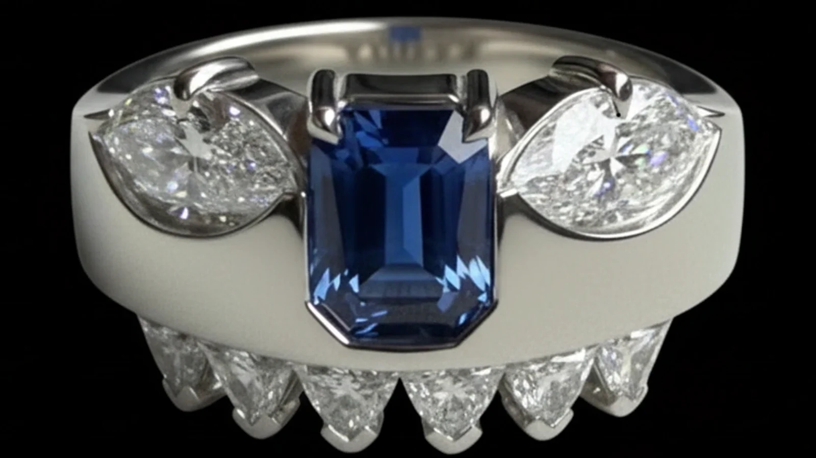 Close-up of a silver ring setting without stones on a black background.