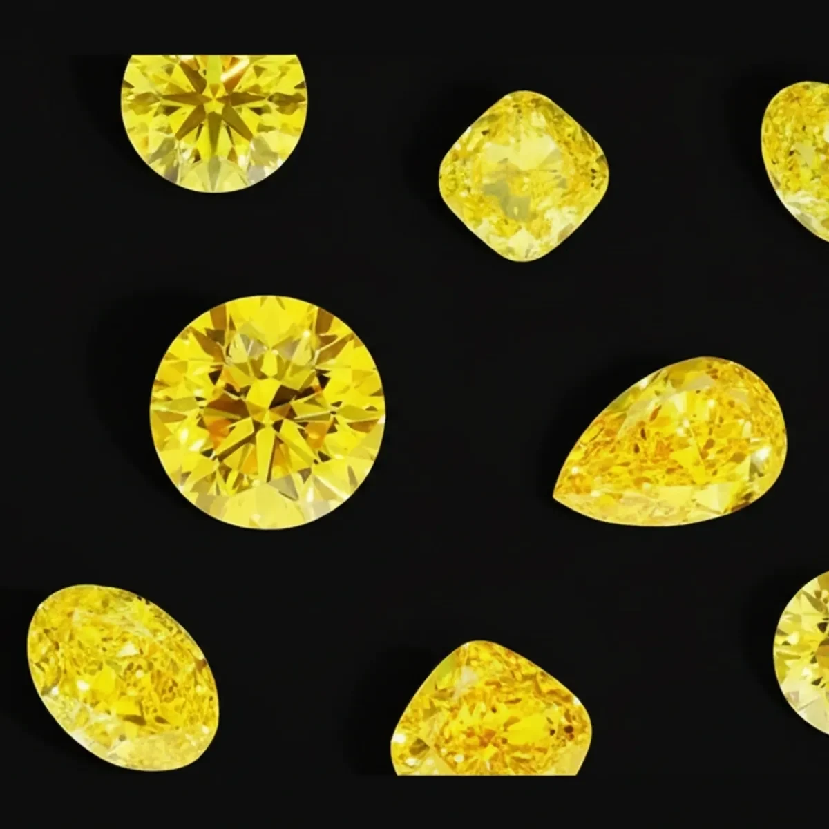 An assortment of fancy yellow diamonds in a range of facet shapes.