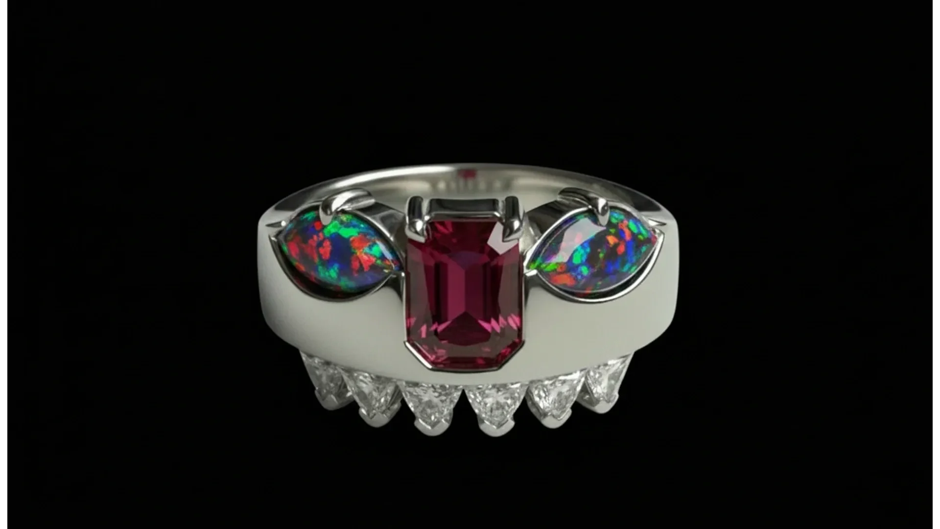 Elegant ring with colorful opals, a red gemstone, and diamond accents on a silver band.