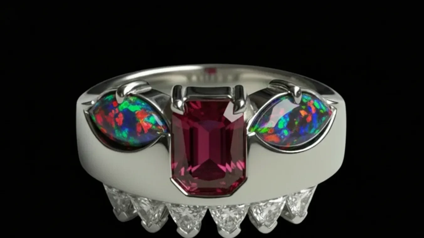 A platinum ring set with two marquise-cut boulder opals flanking an emerald-cut ruby.